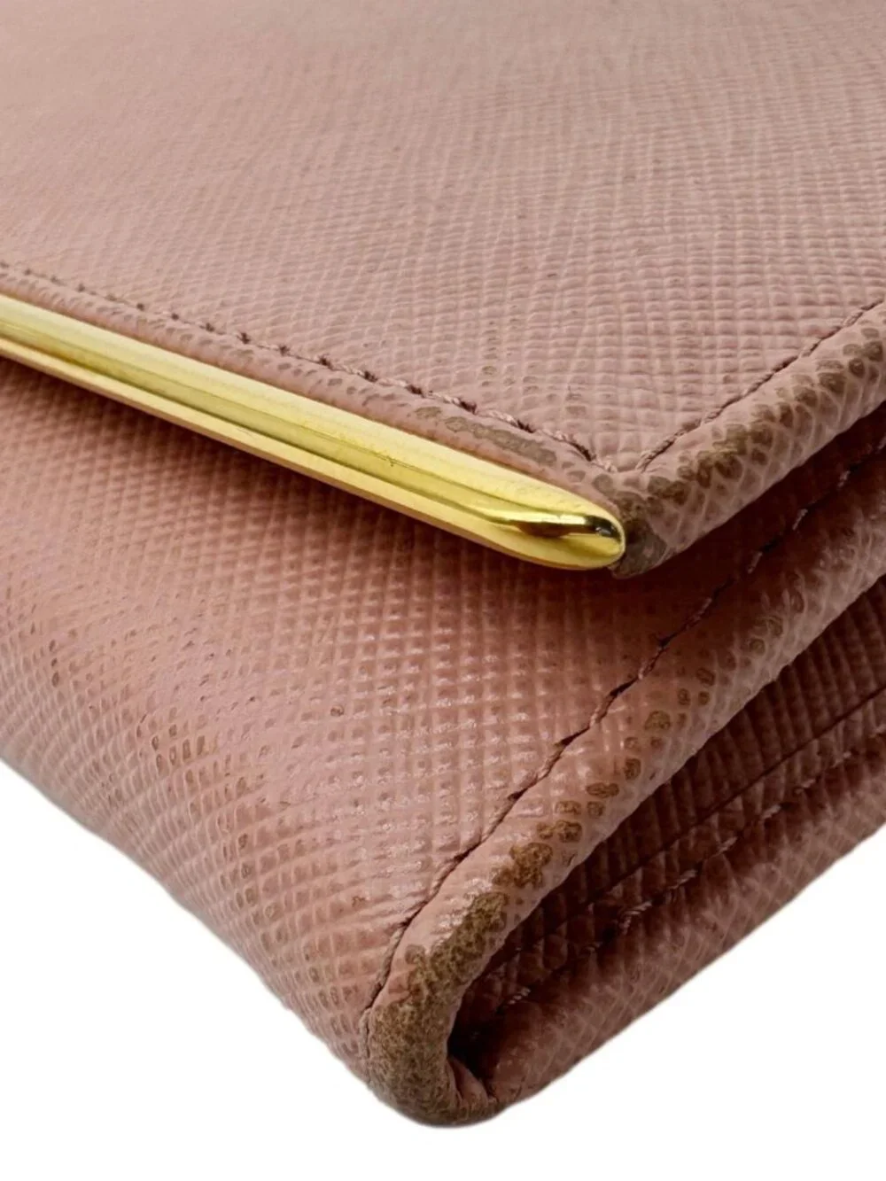 Prada  Metal Bar Continental Flap Saffiano Leather Wallet Pink